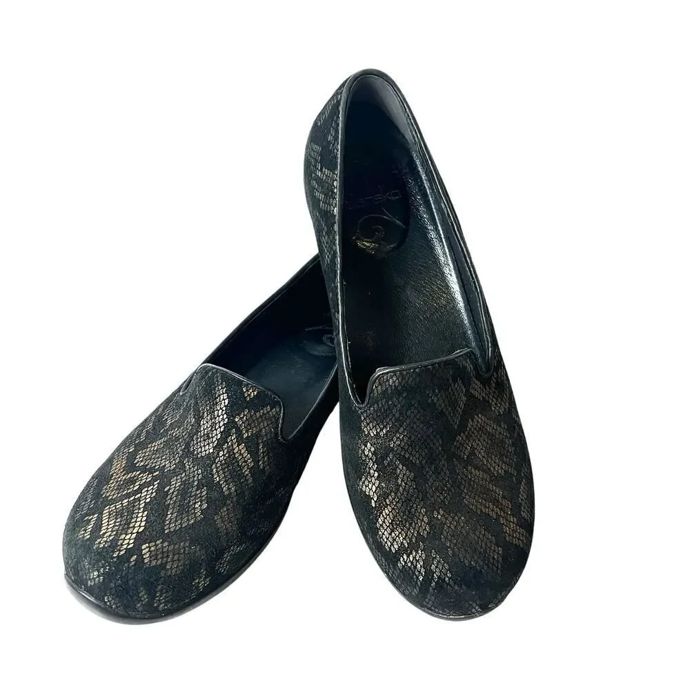 Dansko Women's EU 39 US 8.5 Black Gold Leather Flat Comfort Casual Slip On Shoes